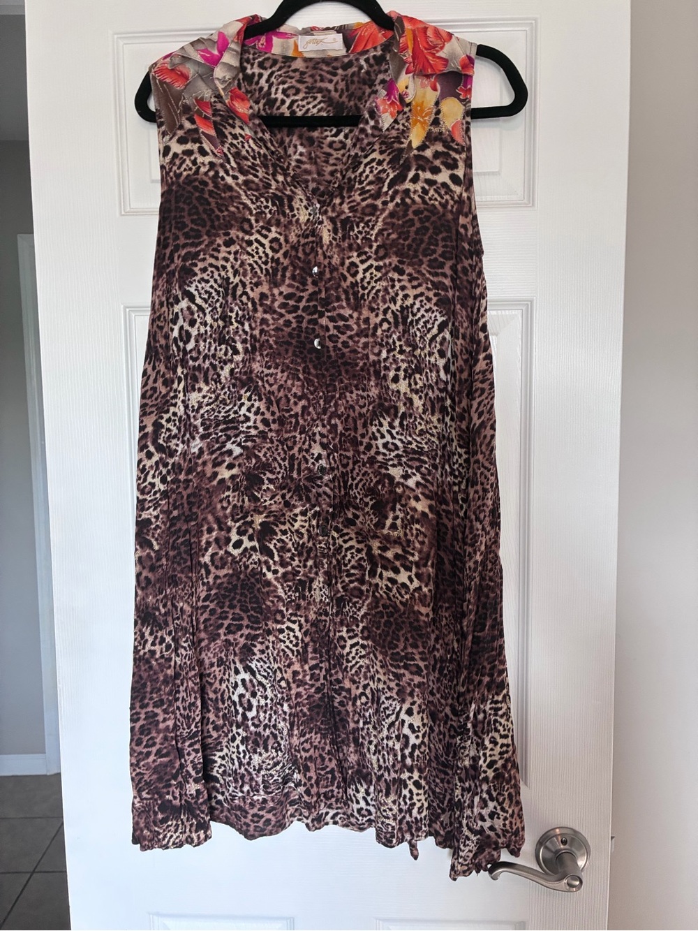 Gottex Brown Leopard Print A-Line Dress with Floral Accents